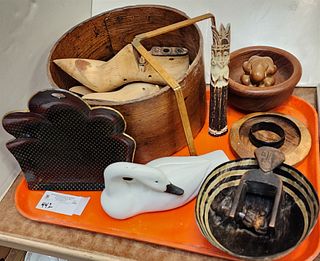 TRAY WOODEN ITEMS-WOMAN'S SHOE FORMS, PANTRY BX 6 1/2"H X 11 1/2"DIAM, CARVED SWAN DECOY 5"H X 9"L, HORN BOWL ETC.