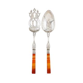 DUTCH SILVER SALAD SET WITH BANDED AGATE HANDLES