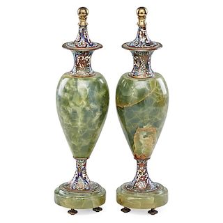 PAIR OF ONYX AND CLOISONNE COVERED URNS