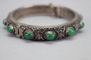 Signed Antique Chinese .800 Silver/Jade Bangle