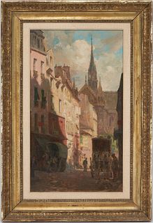 Fernand Guey O/C Painting, Paris Street w/ Spire of Notre Dame
