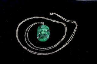 Carved Jade Head Mounted in Sterling Necklace