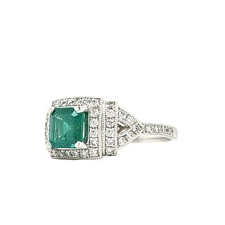 Emerald & Diamond Halo Ring w/ Triangle Shoulders