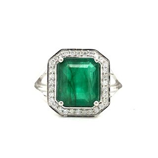 Octagonal-Cut Zambian Emerald & Diamond Halo Ring