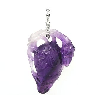 Hand-Carved Amethyst Figural Pendant with Diamonds