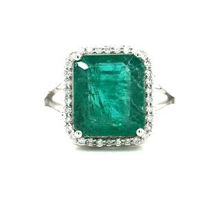 Emerald-Cut Zambian Emerald and Diamond Halo Ring