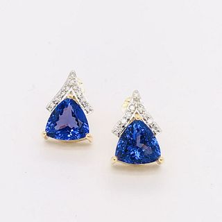 Trilliant Tanzanite Earrings with Diamond Chevrons