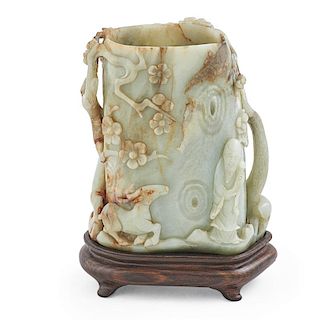 CHINESE CELADON JADE BRUSHPOT ON STAND