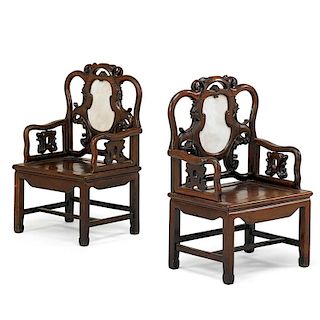 PAIR OF MARBLE INSET CHINESE HONGMU CHAIRS 紅木嵌大理石對椅