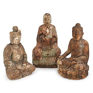 THREE CHINESE WOOD CARVED BUDDHA FIGURES 木雕羅漢觀音佛祖一組