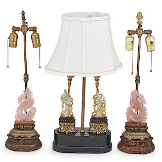 CHINESE CARVED HARDSTONE LAMPS 玉石雕刻台燈一組