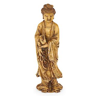 CHINESE SOAPSTONE SCULPTURE OF GUANYIN 肥皂石觀音造像