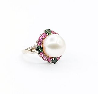 Pink & Green Tourmaline, Pearl Halo Ring