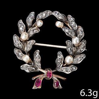 VICTORIAN DIAMOND, PEARL AND RUBY LAUREL BOW BROOCH