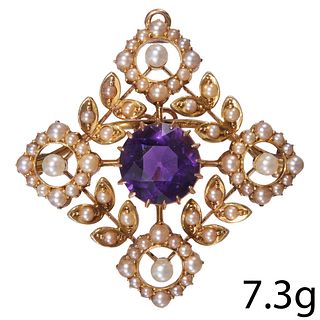 FINE ANTIQUE AMETHYST AND PEARL BROOCH