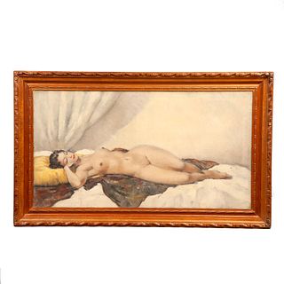 AUTOR NO IDENTIFICADO, Desnudo de mujer, Firmado, Óleo sobre tela, 64 x 120 cm