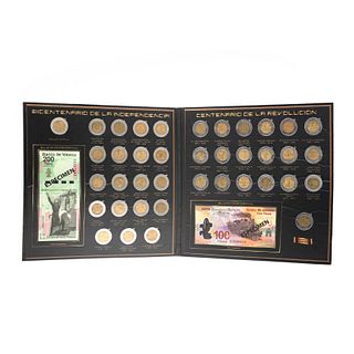Colección de 39 monedas del Bicentenario de la independencia y Centenario de la revolución. Estuche original.