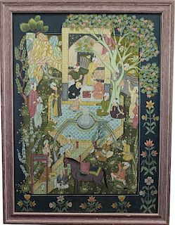 20th C. Persian Painting, Figures in Courtyard