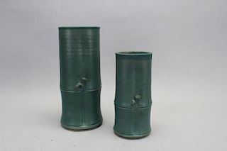 (2) Nichibei Potters Forest Green Vases