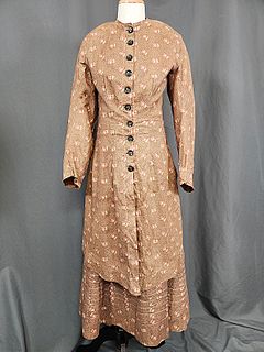 Antique c1880 2 Pc Brown Print Dress