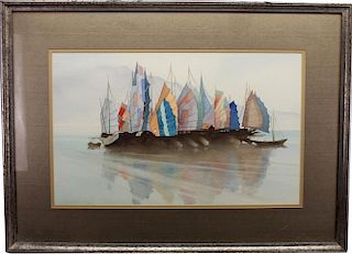 Signed 20th C. Watercolor of Sailboats