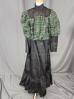 Antique 19th Century Black Silk 2 Pc Dress - Plaid