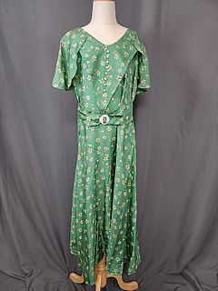 Vintage Green Print Silk Dress