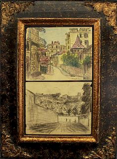(2) Framed 20th C. Drawings of European Town