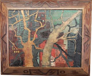 Signed 20th C. Cityscape w/ Trees