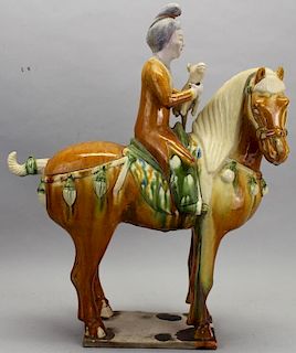 Chinese Tang Style Glazed Pottery Horse w/ Rider