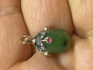 RUSSIAN GOLD , NEPHRITE PENDANT EGG WITH DIAMONDS AND RUBIES