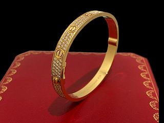 Cartier 18K Yellow Gold Diamond-Paved Love Bracelet Size 19