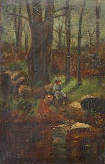 19th c. Wooded River Landscape with Children