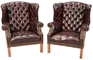 Pair of Leather Tufted Leather Wing Chairs