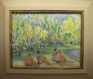 20th C. Painting of Figures in Wooded Landscape