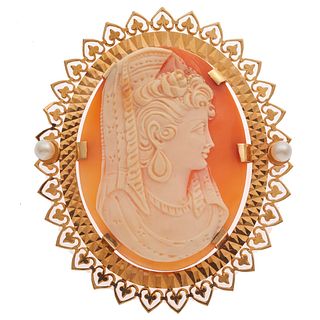 Shell Cameo, Cultured Pearls, 18k Pin