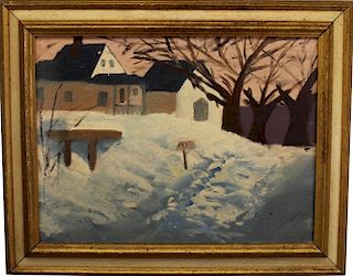 Signed 20th C. Winter Landscape W/ House