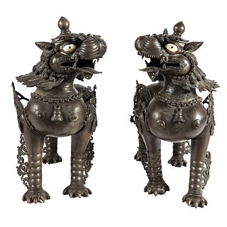 Pair of Patinated Metal Guardian Lion Fu Dogs (Tongshi)