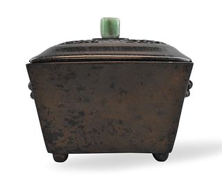 Chinese Bronze Squared Censer & Cover,Qing Dynasty