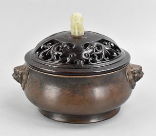 Chinese Bronze Cast Censer&Wood Cover,Qing Dynasty