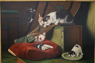 20th C. Painting, Kittens in Interior Setting