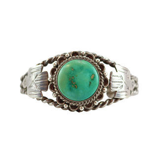 NO RESERVE Navajo - Turquoise and Silver Thunderbird Rope Design Bracelet c. 1930-40s, size 6 (J15770)