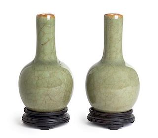 A Small Pair of Celadon Glazed Porcelain Bottle Vases Height 4 3/4 inches.