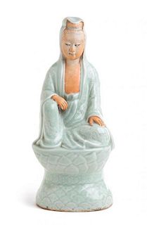 A Celadon Glazed Porcelain Figure of Guanyin Height 12 inches.