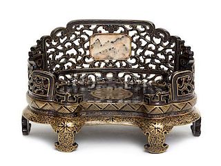 A Gilt Decorated Black Glazed Porcelain Stand Length 6 inches.