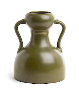 A Teadust Glazed Porcelain Double Handled Vase Height 7 3/4 inches.