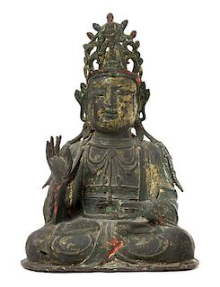 A Parcel Gilt Bronze Figure of Guanyin Height 12 1/2 inches.