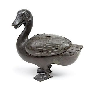 A Bronze Duck-Form Incense Burner Height 7 1/2 inches.