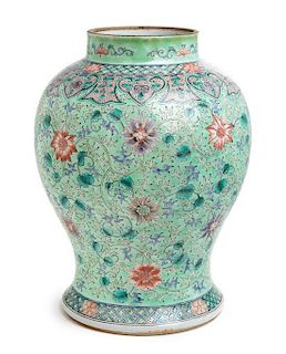 A Large Famille Rose Porcelain Baluster Jar Height 13 3/4 inches.