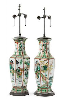 * A Pair of Famille Verte Porcelain Faceted Vases Height of each vase 23 inches.